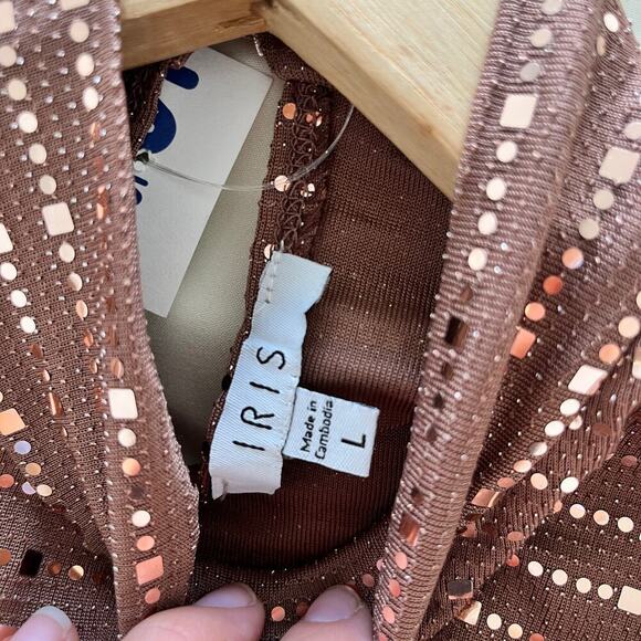 NWT Iris Knit Sequin Long Sleeve Mock Neck Bodysuit Mocha Heat Womens Size Large - Picture 8 of 11